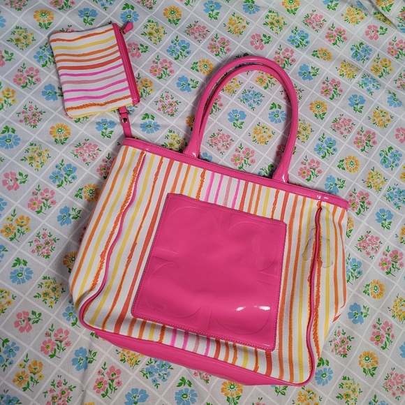 Pink stripe Liz Claiborne canvas tote bag with wristlet - Picture 10 of 14